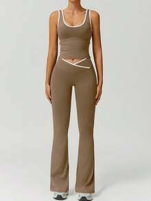 NcmRyu 1 Set Women's High Elasticity Contrast Color V-Neck Waist Slimming Tank Top And Leggings Sexy Butt Lifting Fitness Outfit Summer - 棕色 - 查看 7