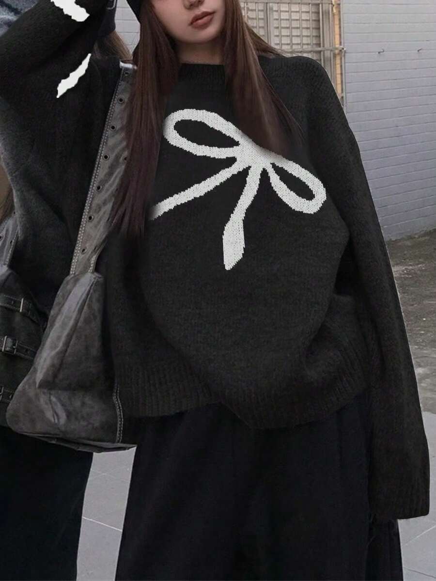 柔软亲肤宽松韩版蝴蝶结装饰长袖套头衫女 - 黑色 - 查看 1