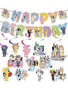 Bluey 1 طقم أعلام قابلة للسحب + 12 علامة حلزونية ديكور حفلة عيد ميلاد بموضوع بلوي الجميل، هدايا