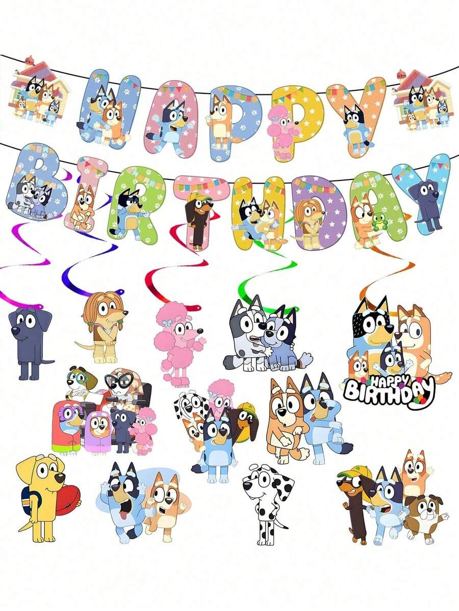 Bluey 1 طقم أعلام قابلة للسحب + 12 علامة حلزونية ديكور حفلة عيد ميلاد بموضوع بلوي الجميل، هدايا
