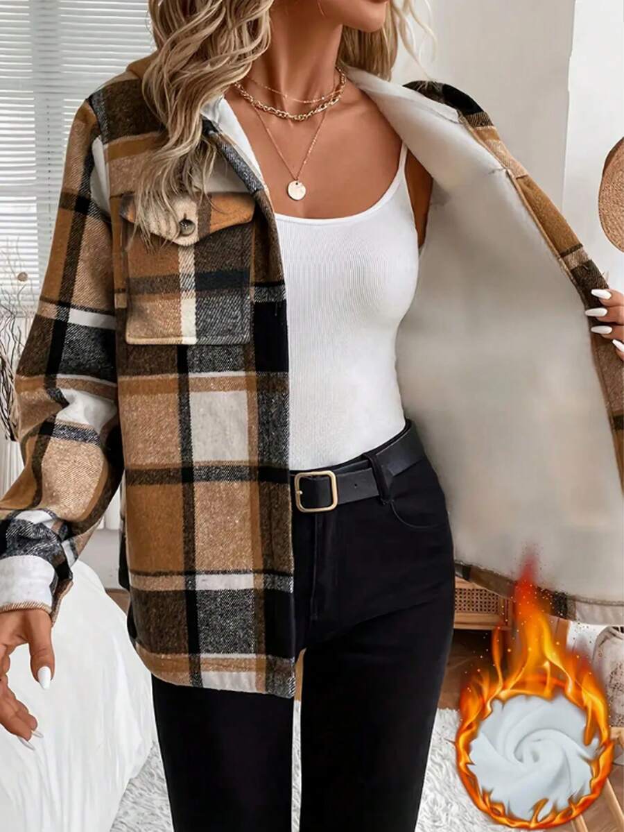 Plus Size Women's Casual Plaid Thermal Lined Hooded Regular Jacket, Brushed Plaid Thermal Lined Hoodie Jacket, Hooded Shirt - Khaki - View 1