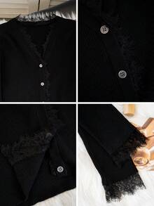 Romantic Lace Patchwork Slim Fit Women Knit Cardigan, Elegant Fitted Black Open Front Layering Sweater - Black - View 7