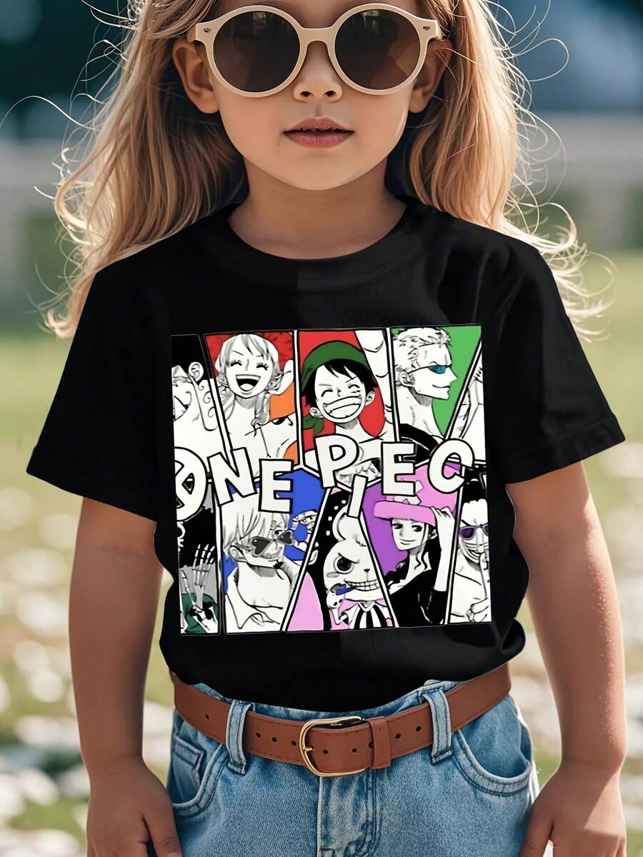 Anime Pattern T-Shirt - One-Piece Animated Character Expression Design, Soft Everyday Top Machine Washable, Casual Wear, Summer Outfit, Cartoon Print Shirt, Aesthetic Style, Durable Stitching, Breathable Fabric, 's Apparel, Printed Tee, Fashion Enthusiasts, Casual Wearers - màu đen - Xem 1