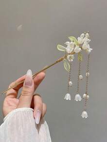 1件优雅中式兰陵花流苏发夹，蝴蝶锌合金发饰，适合节日和派对（批次和珍珠款式可能有所不同），发髻延长，发型发夹 - 彩色 - 查看 2
