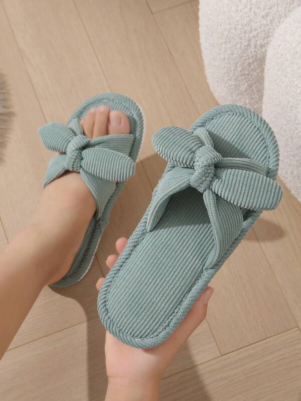女士轻便灯芯绒毛绒拖鞋，舒适蝴蝶结休闲布艺交叉绑带家居拖鞋，适合居家、度假、四季穿着