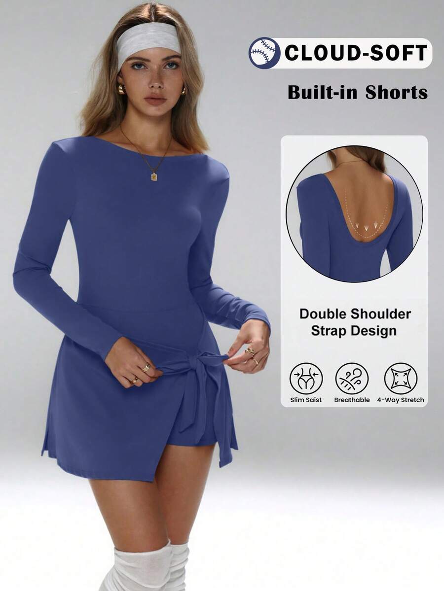 FWH Women Active Dresses,Timeless Design, Round Neck, Long Sleeves Silhouette, Tie Bow Detail At Waist, Slim Fit, Elastic Waistband And A-Line Silhouette, Highlighting Waist And Shaping Hips, Moderate Functionality, Versatile Wear, Seamlessly Transition From Professional Environment To Yoga Class, Spring - Blue - View 1