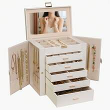 BOOVO 6-Layer Large Capacity Jewelry Box For Women, Dual-Door Design With Necklace Hooks And Makeup Mirror, Soft Velvet Lining, Durable Faux Leather Material For Jewelry Organization And Storage - Multicolor - View 9