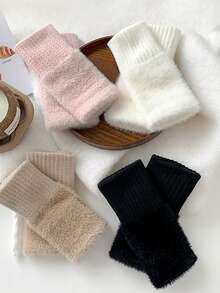 Nuevos guantes sin dedos de felpa de visón para mujer, unicolor de lujo, suaves y cálidos, de punto de lana, para el invierno - Multicolor - Ver 10