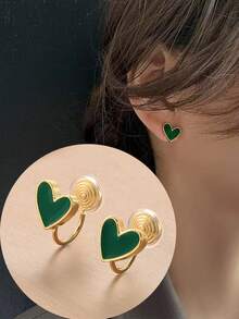 1 对时尚新款滴油心形耳环，适合女士，蚊香盘夹式耳环，优雅纤薄夹式耳环适合日常佩戴，女士礼物