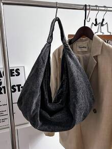 Túi đeo vai Hobo vải jeans màu trơn cỡ lớn mới, kiểu dáng đơn giản, sang trọng, dung tích lớn, có khóa kéo, thích hợp cho việc mua sắm, đi làm, đi học, sinh viên đại học, nhân viên văn phòng và tân binh, túi xách nữ phong cách tối giản - màu đen - Xem 3