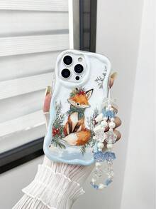 حافظة هاتف مضادة للسقوط مطبوعة بنمط الثعلب الثلجي المموج ذو الحافة المتموجة والملمس الكريمي واللمعان، مع إكسسوار سوار خرزي مصنوع يدويًا