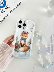 حافظة هاتف مضادة للسقوط مطبوعة بنمط الثعلب الثلجي المموج ذو الحافة المتموجة والملمس الكريمي واللمعان، مع إكسسوار سوار خرزي مصنوع يدويًا