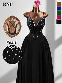 RNU Black Love White Pearl Women's Simple Deep V-Neck Stretch Base Slim Women Casual Club Christmas/Halloween Concert Outfit Office Outfits High Elastic Slim Fit Casual Daily Valentine's Day Birthday Dress Nightclub Sexy Party Street Vacation Travel Date Spring/Summer/Autumn/Winter Shoulder Strap Sleeveless Irregular Waist Pleats Cross Back Straps New Long Dress - Black - View 1