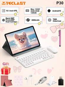 Teclast P30 10.1 Inch Tablet (Android 15,T606 8-Core,12GB(4GB+8GB Expansion) RAM,128GB ROM,1280*800 HD IPS Display, Dual WiFi (2.4G + 5G),6000mAh Larger Battery,Type-C Interface,2MP Front 5MP Back Camera )2in 1 Tablet PC,Pink Tablet Case ,With White Keyboard &Wireless Mouse,Mouse Pad Accessories Bundle