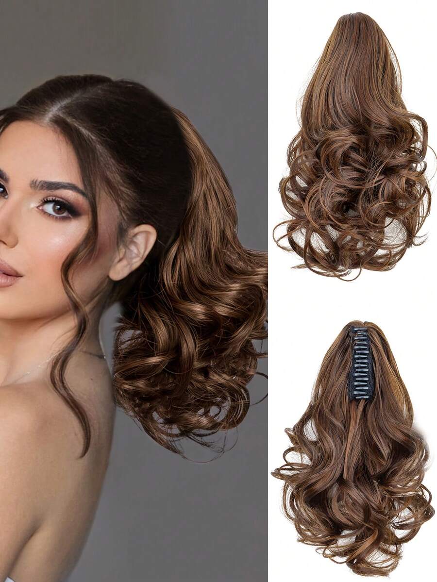 Ponytail Extensions Curly Hair Clip On Extensions Natural Appearance Synthetic Hair Pieces Dark Brown For Women - Multicolor - View 1