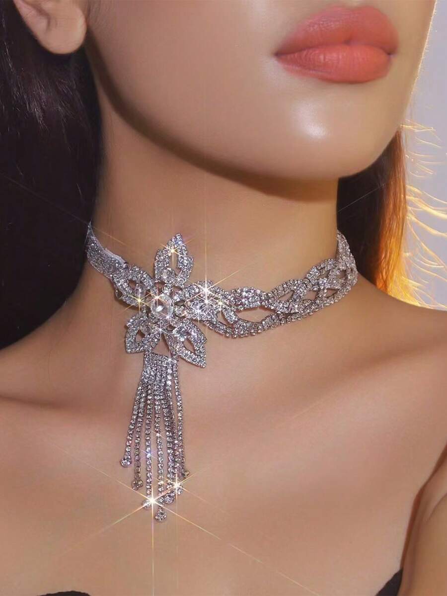 1 buc colier reglabil cu stras și ciucuri de flori, colier tip choker cu panglică cu fundă pentru femei