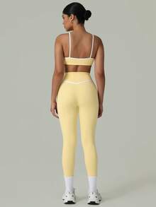 2 PCS CO Ord Set Spring And Summer Women Fashion White Line Yoga Sports Bra And Legging - 黃色 - 查看 7