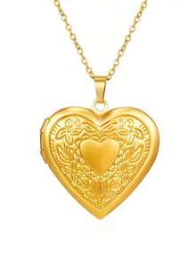 1pc Vintage Stainless Steel Locket Pendant Necklace, Open Design Can Hold Photos, Hollow Round Frame Necklace - Yellow Gold - View 17
