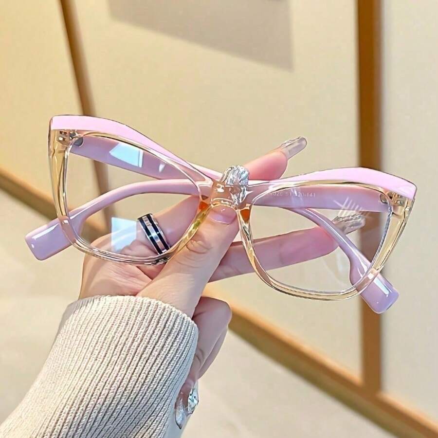 Y2K Cat Eye Transparent Lens Glasses | Lightweight PC Frame | Blue Light Blocking For Daily Use | Fashion Pink And Gold Accents | Retro Millennial Aesthetic Accessories |  Blog Style Streetwear - 粉色 - 查看 1