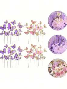 10/20/30/40/40个混合尺寸蝴蝶蛋糕装饰，3D粉紫色蝴蝶纸杯蛋糕装饰插牌，生日、婚礼和派对用品，烘焙蛋糕、甜点、开胃菜、小吃装饰，蝴蝶生日蛋糕装饰，节日装饰签，什锦套装 - 彩色 - 查看 15