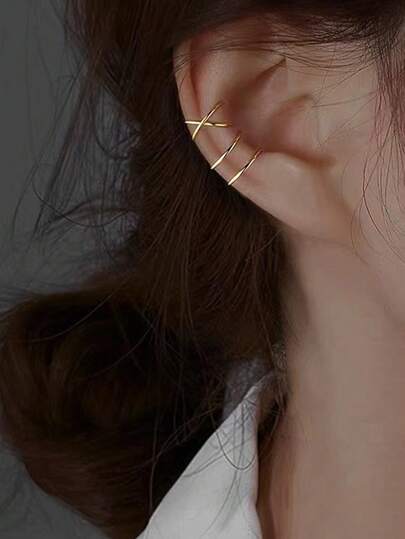 2pcs/Set Double Line Cross Ear Clip, Personalized, Cool, Versatile, Fashionable, No Ear Hole, Ear Bone Clip Earrings, Suitable For Both Male And Female Couples