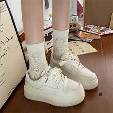 Zapatillas bajas de estudiante para mujer, deportivas de cuero, zapatos casuales blancos ligeros de suela gruesa para mujer - Blanco - Ver 12