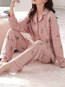 [PONX]1 Set Women's Pajamas, Long Sleeve Top And Pants, Soft Homewear For Spring And Autumn, Fall Winter Clothes - Pink - View 1