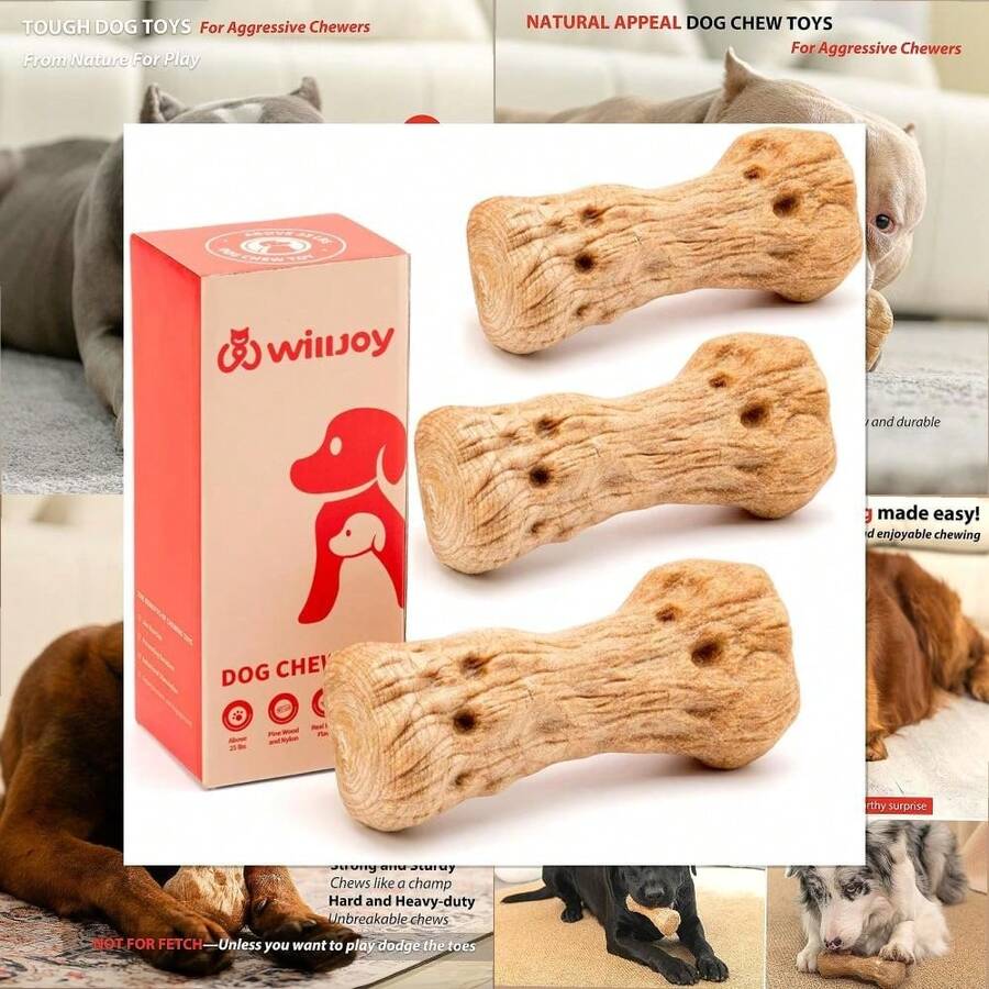 Willjoy Dog Chew Toys For Aggressive Chewers, Tough Dog Toys For Aggressive Chewers, Pine Wood And Nylon Indestructible Dog Toy, Bacon Flavor Large Dog Toys To Keep Them Busy - 3 件裝 DuraDumbs - 查看 1