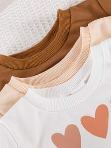 6件套女婴秋冬时尚美式心形豹纹圆领运动衫和休闲运动裤套装 - 卡其色 - 查看 3