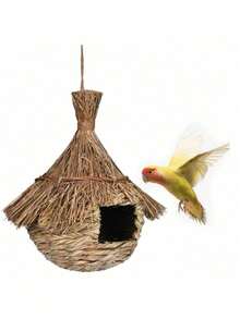 1pc Handwoven Grass Bird Nest, Spherical Open Birdhouse, Parrot Warm Nest, Yard Decor, Suitable For All Seasons, Random Color, Natural Material Color Variation Is Normal