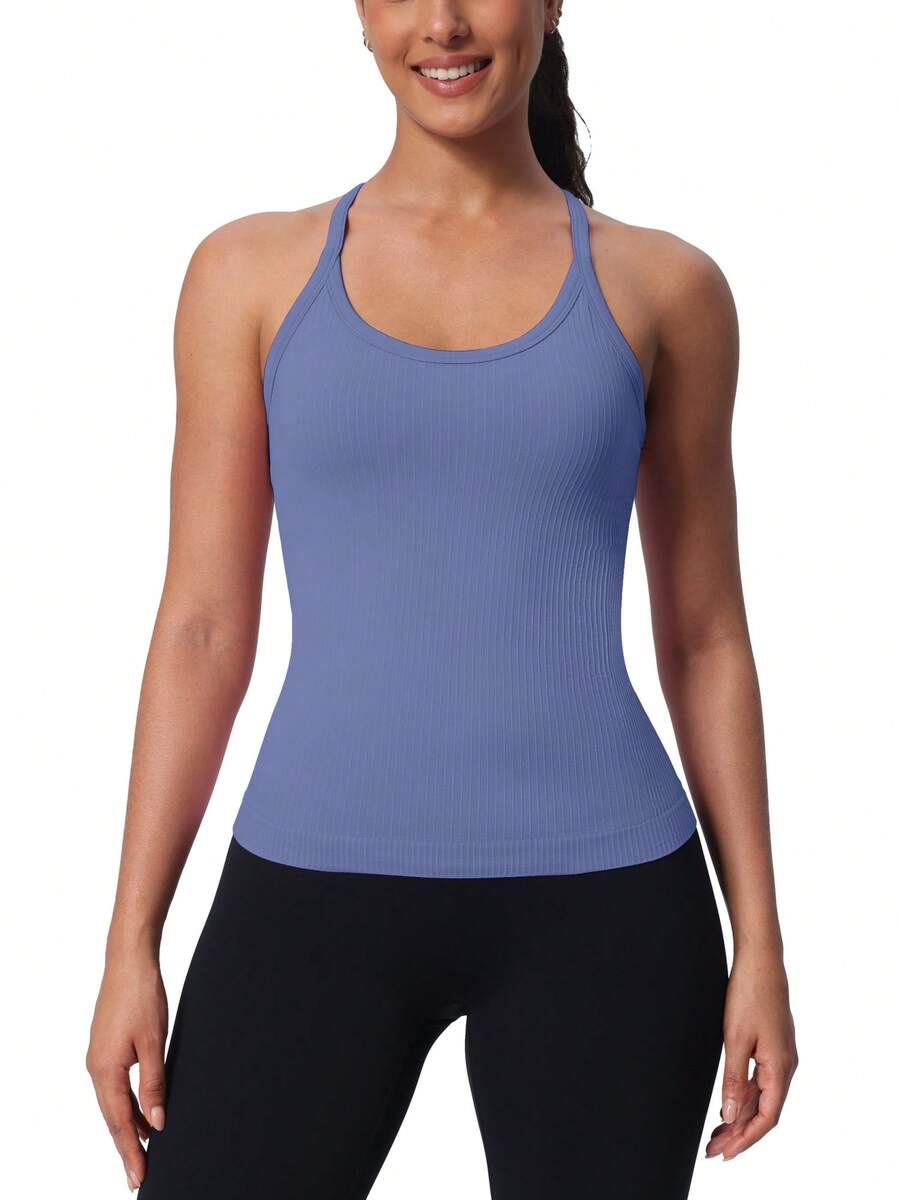 Workout Tank Tops For Women Built In Shelf Bras Padded -Racerback Athletic Tank Tops Ribbed Yoga Shirts - 灰藍色 - 查看 1