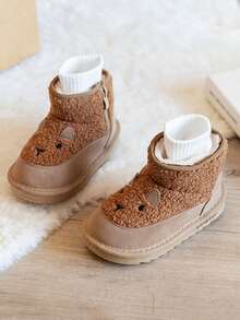 1 双婴儿卡通雪地靴，男女通用保暖厚冬靴，带侧拉链，幼儿学步鞋 - 卡其色 - 查看 4