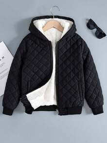 1pc Teenage Boys' Thermal Lined Warm Casual Solid Color Outdoor Hooded Jacket, Winter - Black - View 1