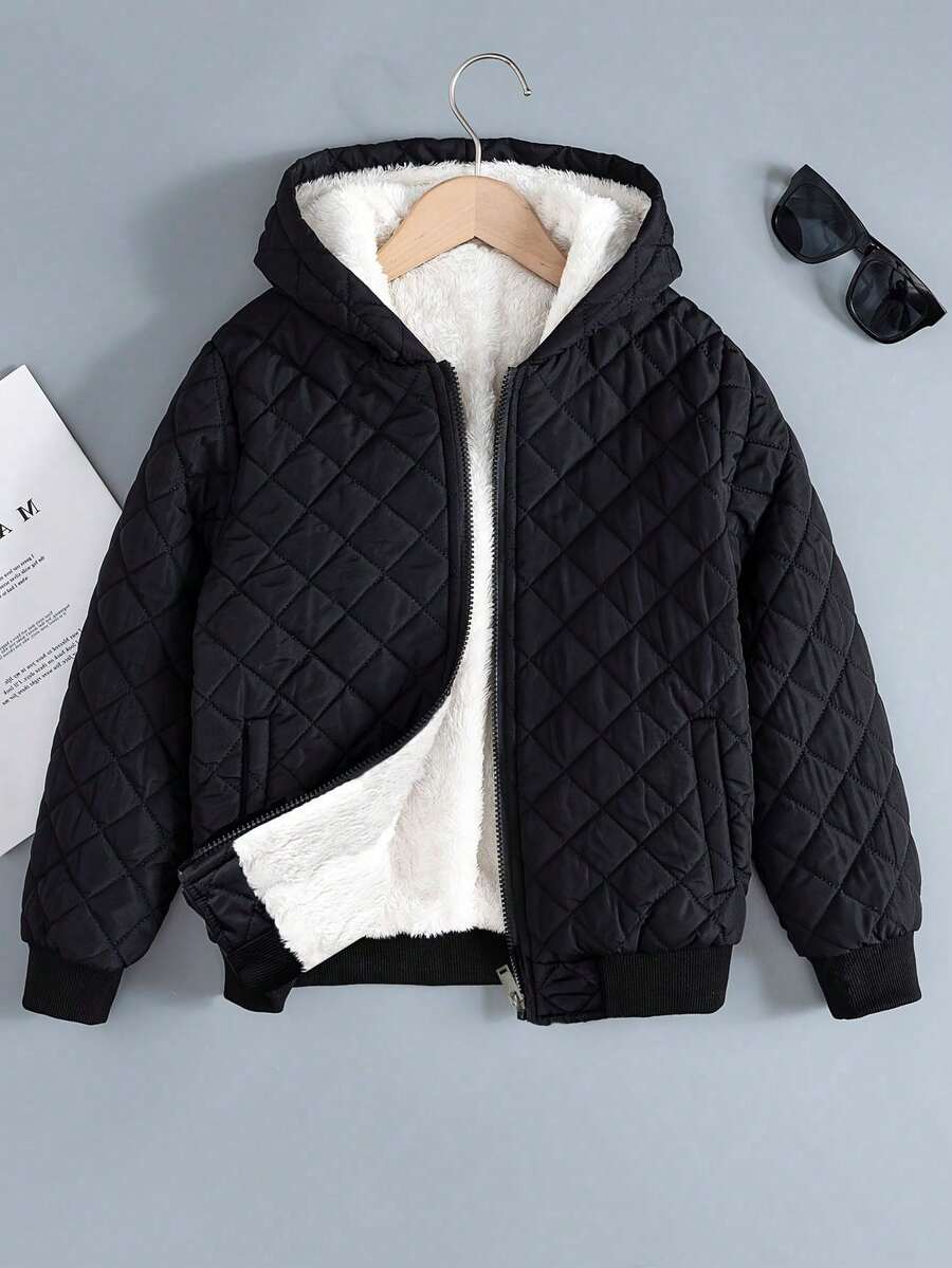 1pc Teenage Boys' Thermal Lined Warm Casual Solid Color Outdoor Hooded Jacket, Winter - Black - View 1