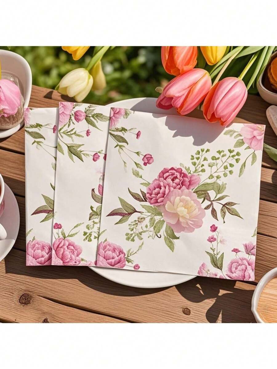 20pcs Elegant Spring Floral Paper Napkins, Pink Rose & Green Leaf Design, 2-Ply, More Durable - Perfect For Weddings, Birthdays, Valentine's Day, Easter Celebrations, Spring/Summer Parties | Vibrant Table Decor | Decorative Napkins - White - View 1