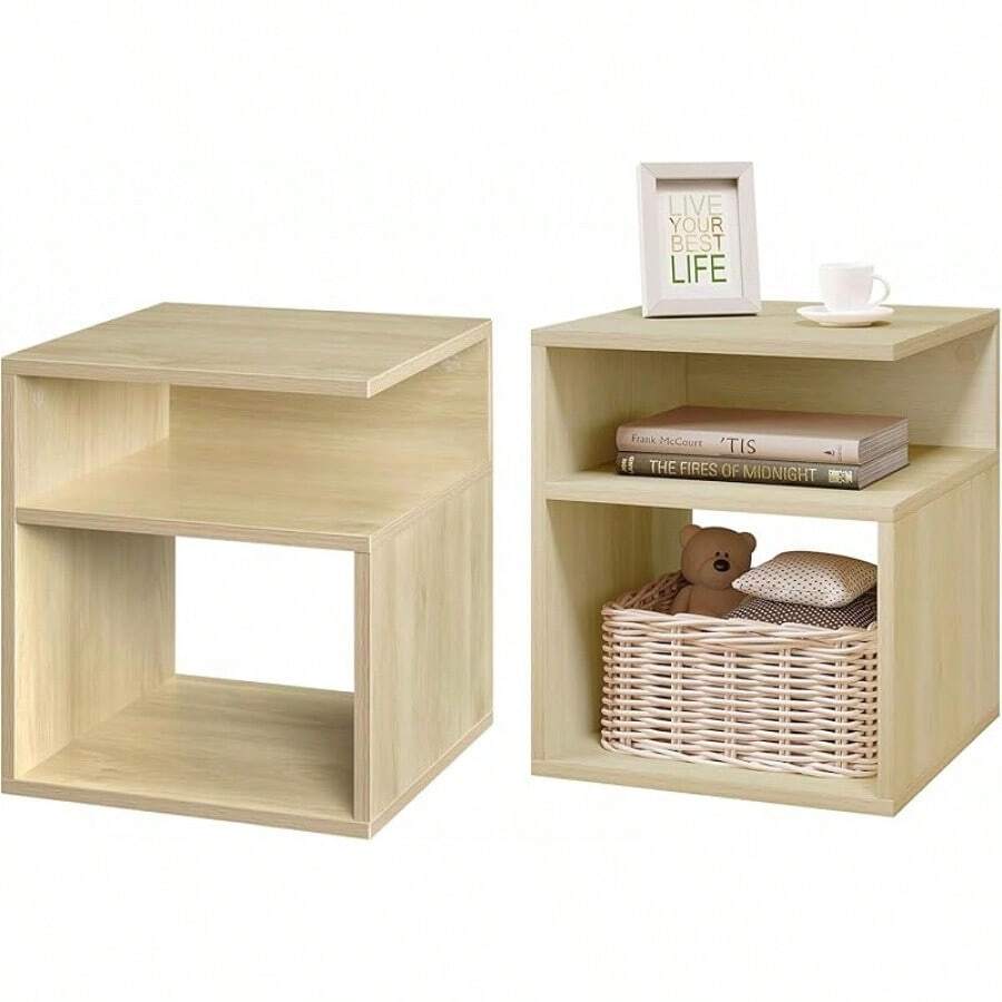 Nachttisch Weiß, Beistelltisch mit 2 offene Fächer, 35x41,5x35 cm, Nachtkommode Nachtschrank für Boxspringbett, Platzsparender Nachttisch für Wohnzimmer Schlafzimmer, 0002CTG