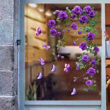 Autocolant autoadeziv cu trandafir violet și fluture pentru sticlă, autocolant floral detașabil pentru casă, baie, decorare fereastră, decor de perete, decor cameră, autocolante de perete, autocolante de perete, decor pentru casă