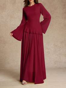 Women's Elegant Ruffle Trim Tie-Waist Flare Sleeve Dress, Spring/Summer - Burgundy - View 7