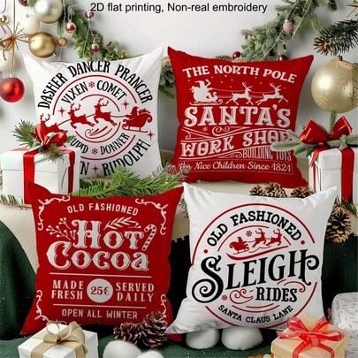 MEMNUN 4 Stücke Weihnachtsmann, Rentier, Schlitten, Zuckerstange, rot & weiß, Frohe Weihnachten Text Kissenbezüge [ohne Kissenfüllung], 45 x 45 cm, [einseitig Muster] Frohe Weihnachten Polyester Kissenbezüge, Weihnachtsdekoration, Raumdekoration, Heimdekoration, Schlafzimmerdekoration, Dekorationsmaterial für Sofa, Wohnzimmer, Schlafzimmer, Auto, Büro, Hotel, Airbnb, tolles Weihnachtsgeschenk für Familie und Freunde