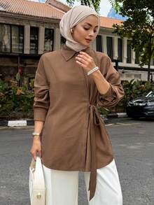 DAZY 系带落肩衬衫，长袖上衣，秋季时尚简约服饰 - 咖啡棕 - 查看 2