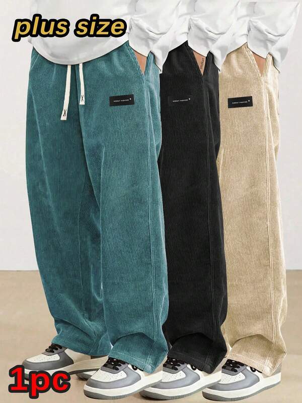 Plus Size Men's Corduroy Straight Leg Retro Pants, Drawstring Elastic Waist, Suitable For Casual, Sports, Hiking Wear, Spring/Autumn