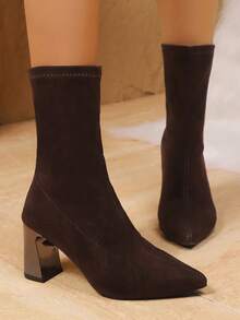 2025 Nowe skarpetki, zimowe buty na wysokim obcasie z elastycznego polaru, krótkie buty na grubym obcasie, eleganckie krótkie buty rurki, czarne krótkie buty rurki, kawowe krótkie buty rurki