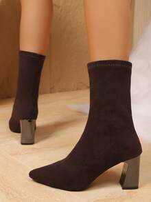 2025 Nowe skarpetki, zimowe buty na wysokim obcasie z elastycznego polaru, krótkie buty na grubym obcasie, eleganckie krótkie buty rurki, czarne krótkie buty rurki, kawowe krótkie buty rurki