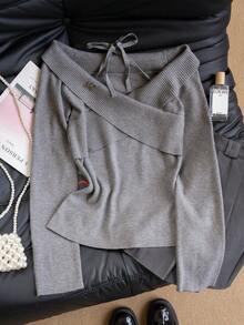 Gray Sexy Cold-Shoulder Knit Sweater For Women, Fitted Design Long Sleeve Pullover Top, Suitable For Winter, Christmas, Spring Festival - Grey - View 8