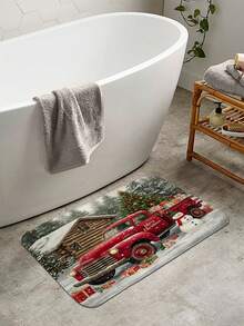 1 pièce/4 pièces Ensemble de rideaux de douche avec camion rouge vintage et sapin de Noël, rideau de douche imprimé avec 12 crochets, tapis de bain antidérapant, tapis en U et housse de siège de toilette ronde, ensemble de salle de bain pour toutes les occasions
