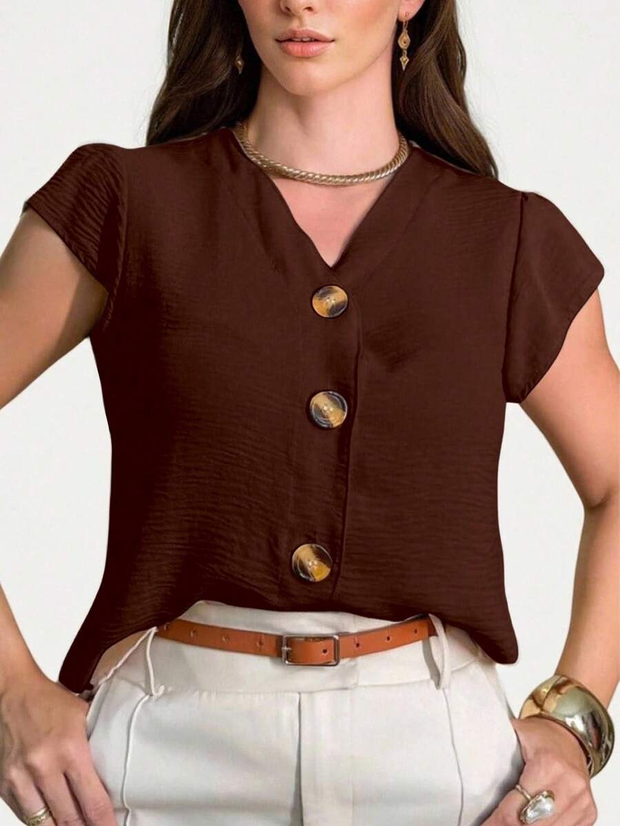 Women's Short Sleeve Shirt Blouse Duna Fabric With Button New 2025 European And American Style - Brown - View 1