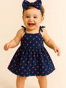 Cherry Children's Dress With Tiara/Turban/Headband/Girl/Cherry/Summer/Christmas - 藏蓝色 - 查看 4