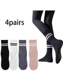 4 Pairs Women's Pilates Grip Socks, Non-Slip Yoga Socks, Enhance Barbell And Grip Strength, Breathable Polyester, Striped Design, Suitable For All Seasons, Yoga Accessories, All Season Socks, Textured Bottom Socks, Durable (Assorted Colors)