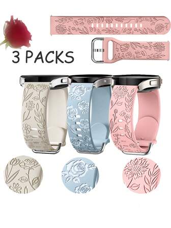 3 piezas Banda de reloj de repuesto con diseño floral tallado de rosa, pétalo de rosa, girasol, compatible con Samsung Galaxy Watch 4/Galaxy Watch 5, Galaxy Watch 3/Galaxy Watch/Active 2, reemplazo de correa deportiva suave de 20 mm de moda para hombres y mujeres (solo la correa)