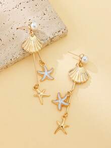 1 Pair Romantic Ocean Style Seashell & Starfish Tassel Earrings, Elegant Faux Pearl Dangle Earrings, Charming Women Jewelry, Summer Earrings Suitable For Daily Wear, Beach Date And Vacation